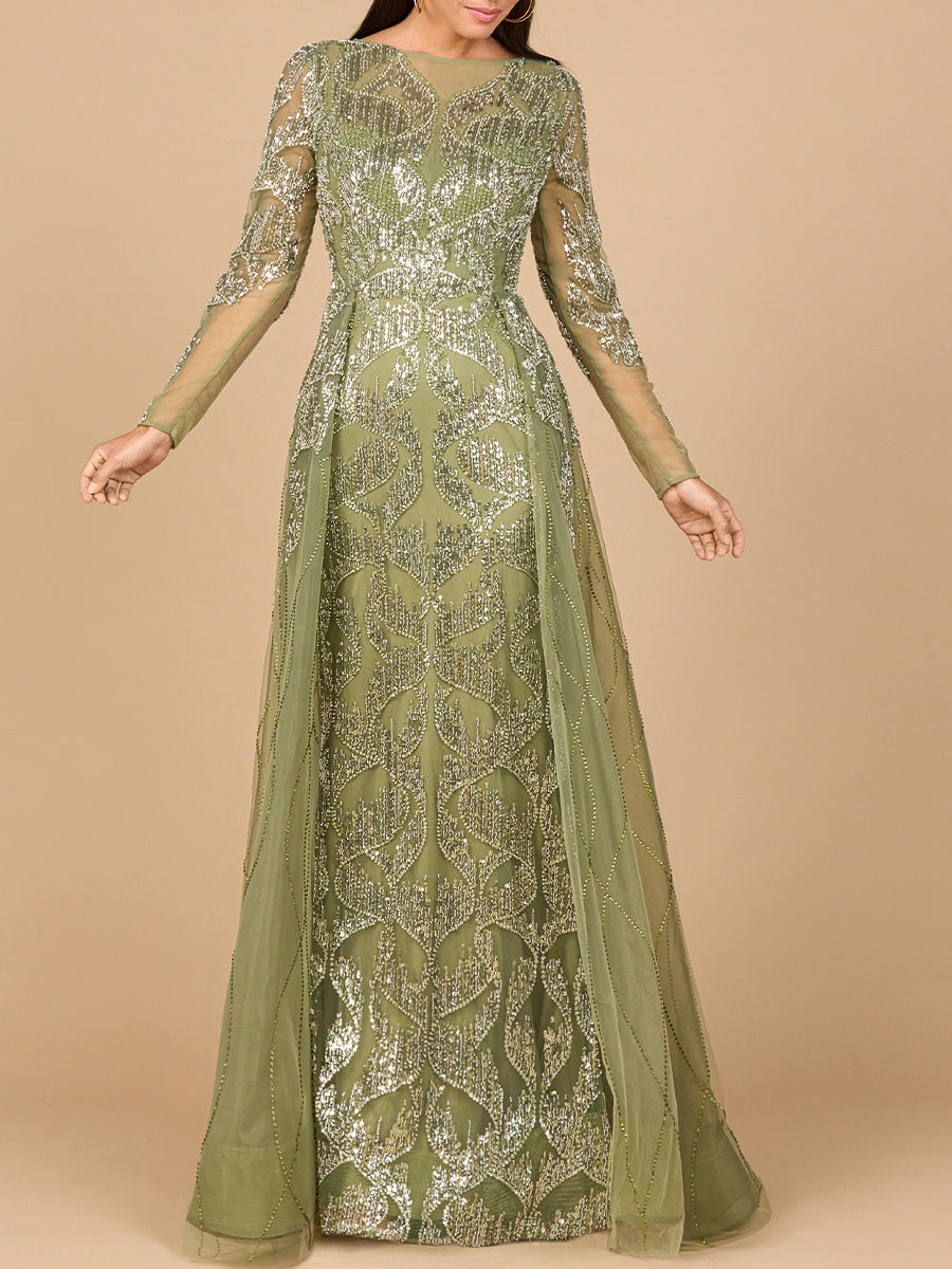 Long Sleeve Gown with Overskirt & High Neck - JUSTLUXURY