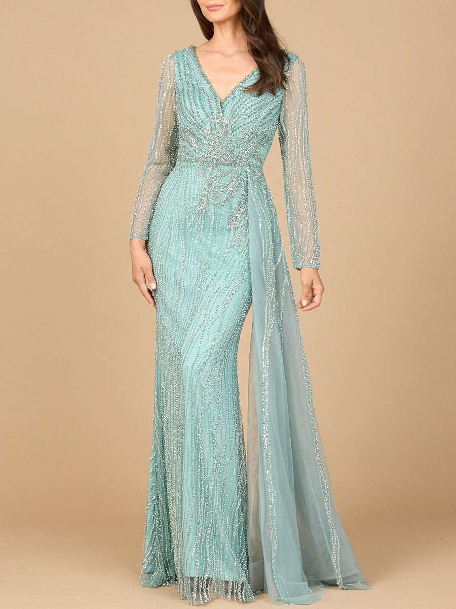 Long Sleeve V-Neck Gown with Drape - JUSTLUXURY