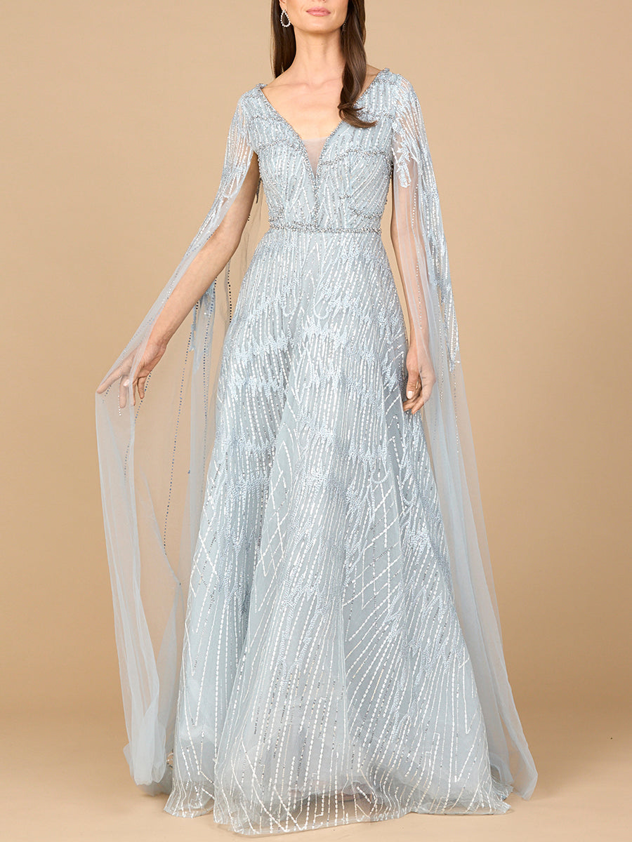 Embellished Gown with Cape Sleeves - JUSTLUXURY