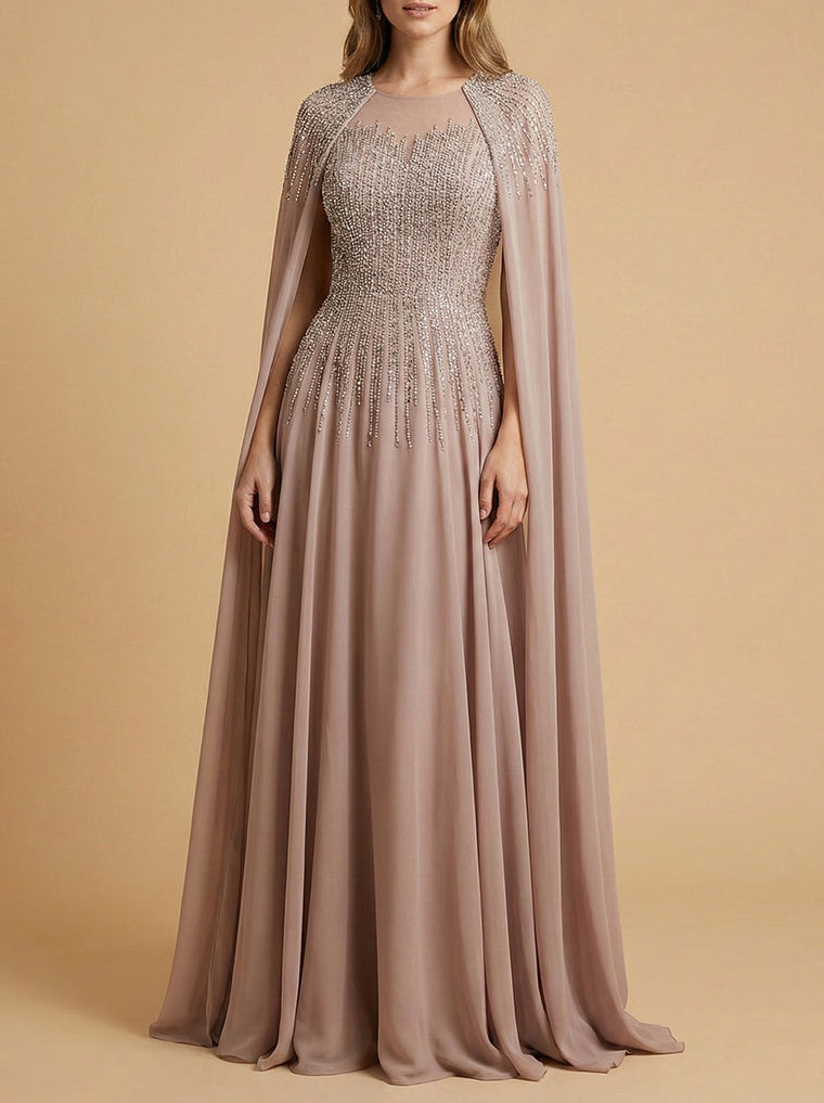 Lara 28943- Chiffon A-line Long Gown with Long Cape Sleeves - JUSTLUXURY