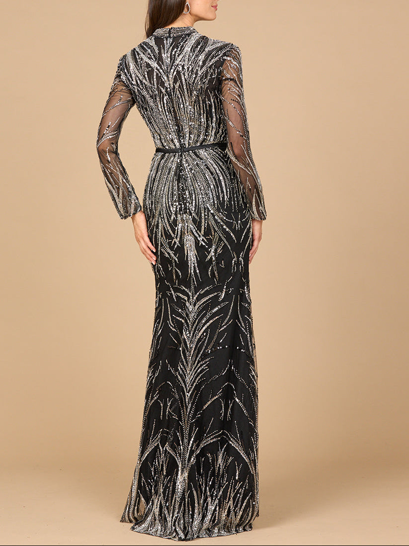 Mandarin V-Neck Gown with Long Sleeves - JUSTLUXURY
