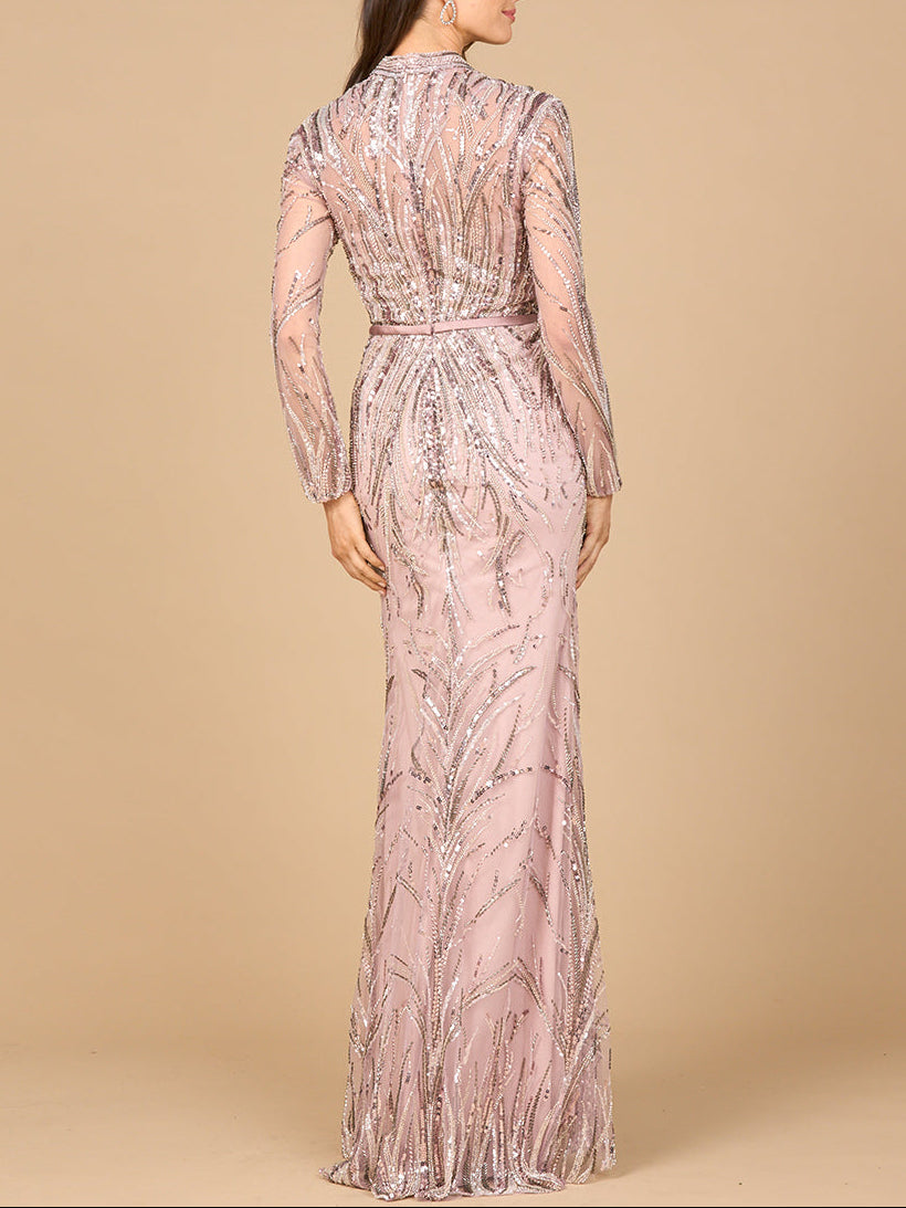 Mandarin V-Neck Gown with Long Sleeves - JUSTLUXURY
