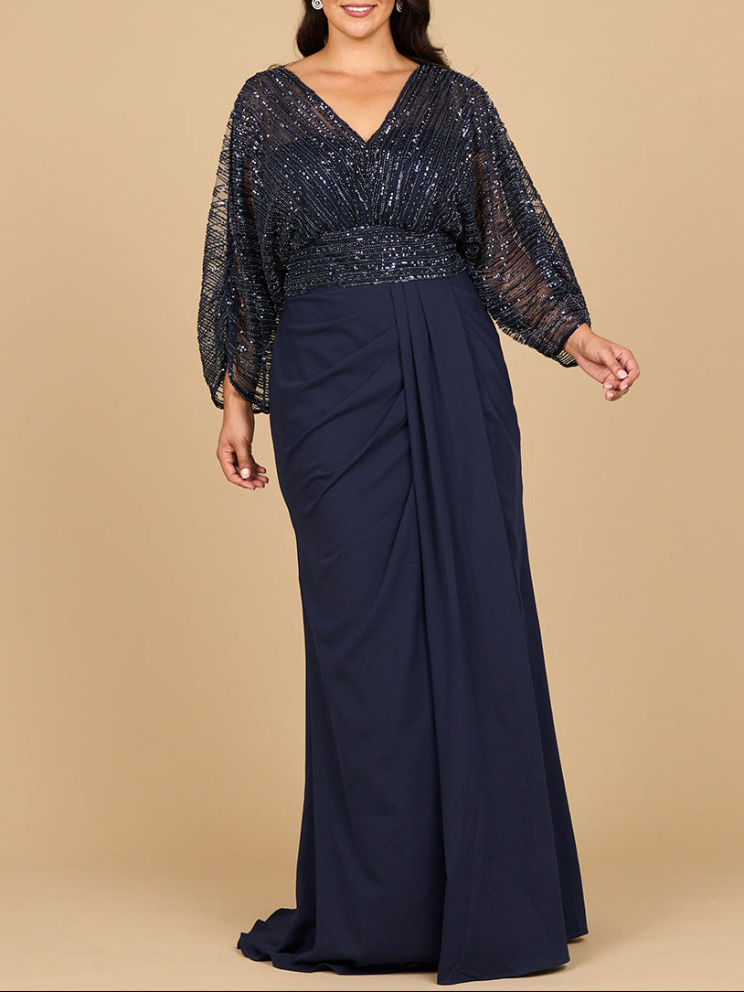 Lara 28950- Draped Skirt Gown with Cape Sleeves - JUSTLUXURY