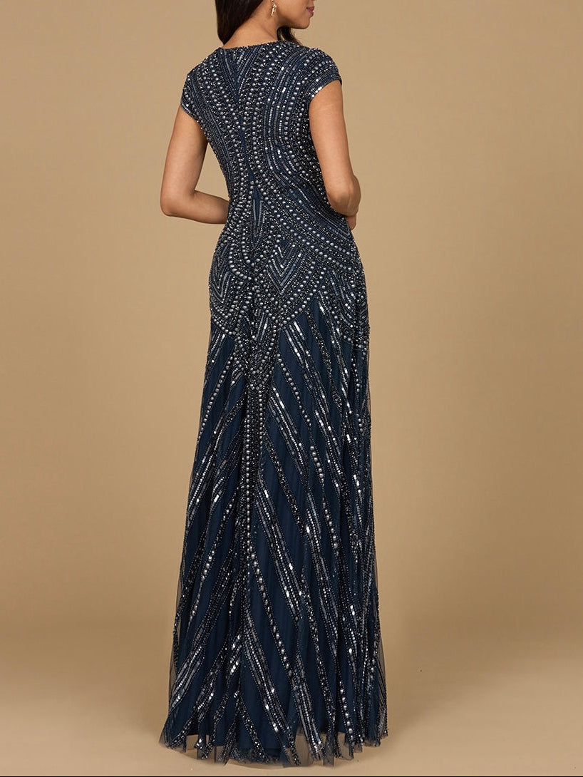 Cap Sleeve Beaded A-Line Gown - JUSTLUXURY