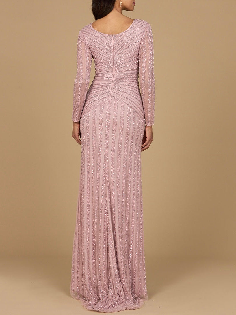 Long Sleeve Linear Beaded Gown - JUSTLUXURY