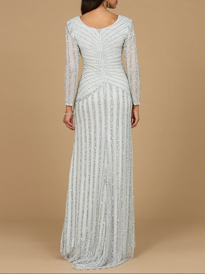 Long Sleeve Linear Beaded Gown - JUSTLUXURY