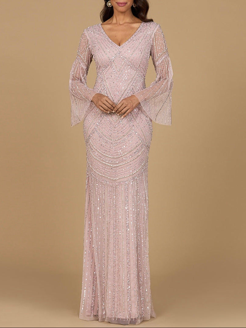 Long Sleeve Beaded Gown with Trumpet Sleeves - JUSTLUXURY