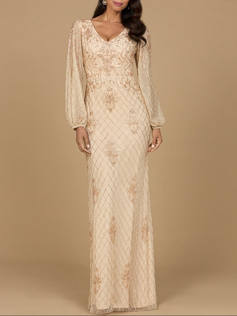 Long Sleeve Beaded Gown with Bishop Sleeves - JUSTLUXURY