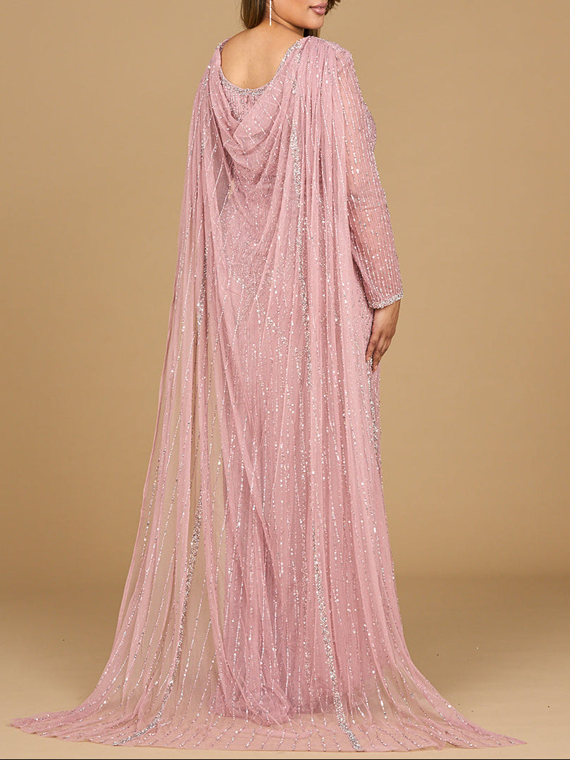 Long Sleeve Beaded Gown with Cape - JUSTLUXURY