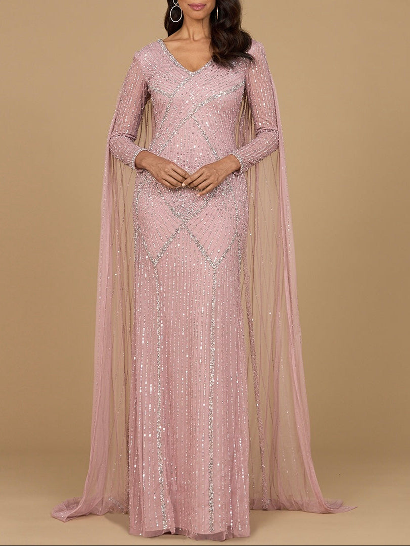 Long Sleeve Beaded Gown with Cape - JUSTLUXURY