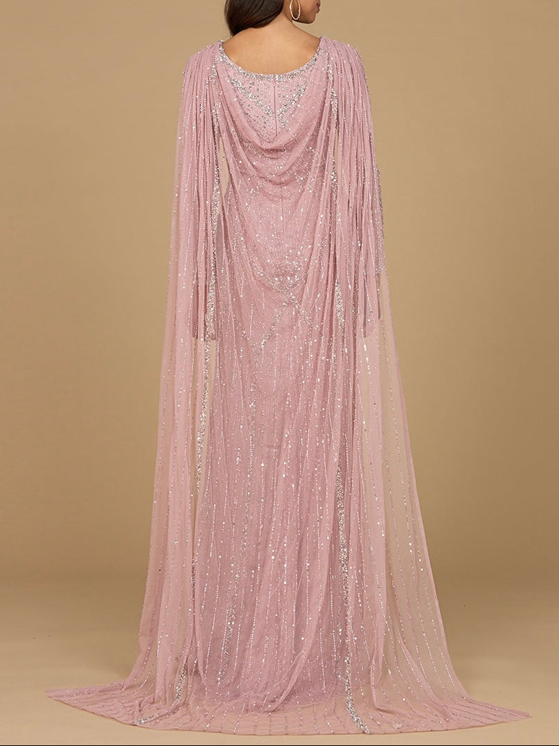 Long Sleeve Beaded Gown with Cape - JUSTLUXURY
