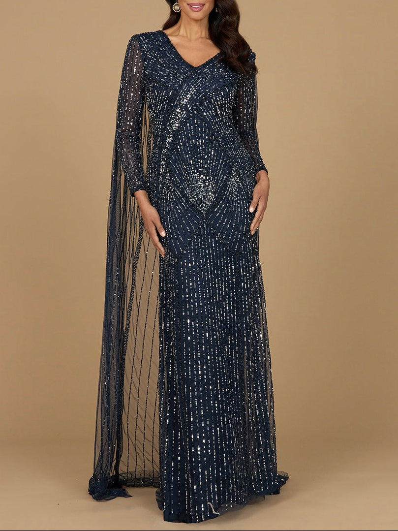 Long Sleeve Beaded Gown with Cape - JUSTLUXURY