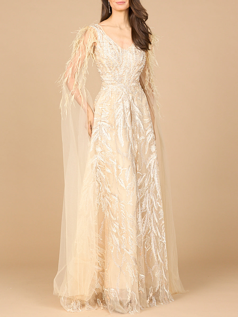 V-Neck Lace Gown with Cape Sleeves - JUSTLUXURY