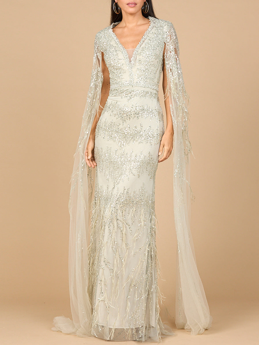V-Neck Gown with Long Cape Sleeves and Feathers - JUSTLUXURY