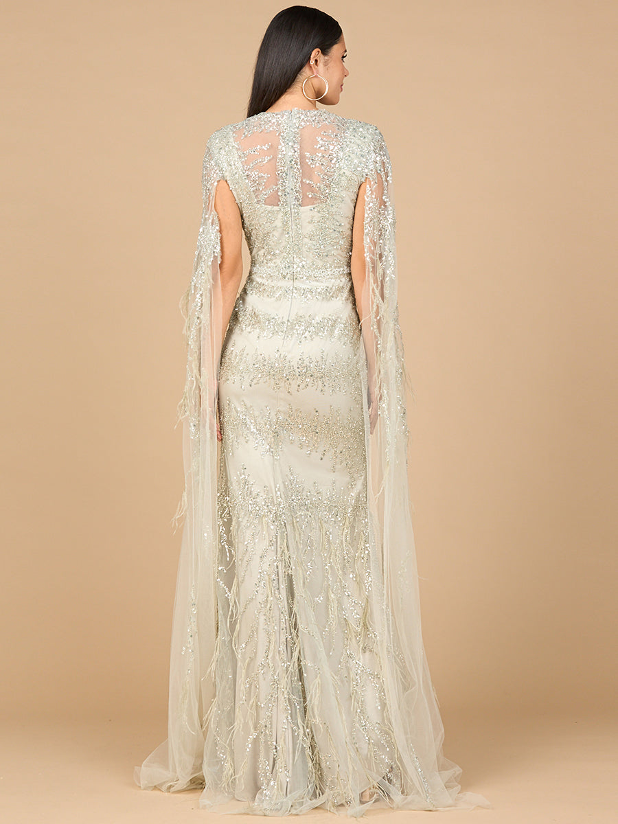 V-Neck Gown with Long Cape Sleeves and Feathers - JUSTLUXURY