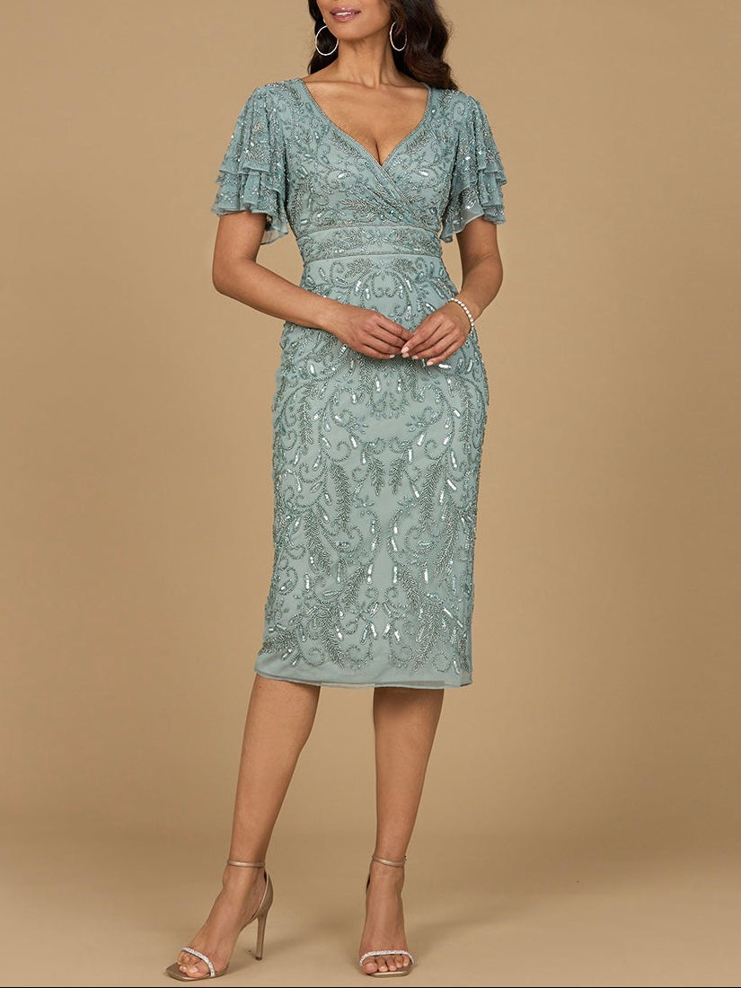 Beaded Midi Dress with Cape Sleeves - JUSTLUXURY