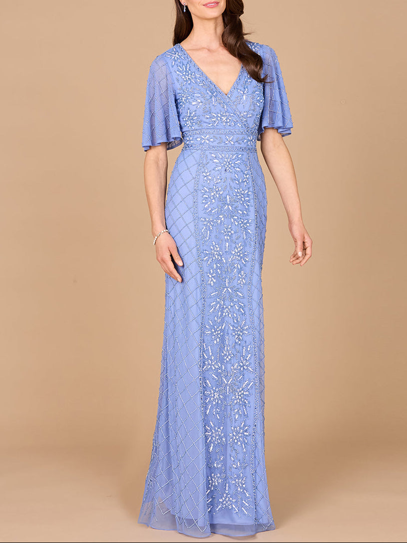 V-Neck, Cape Sleeve Beaded Gown with Belt - JUSTLUXURY