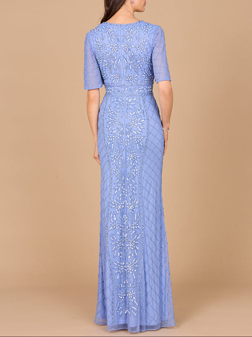V-Neck, Cape Sleeve Beaded Gown with Belt - JUSTLUXURY