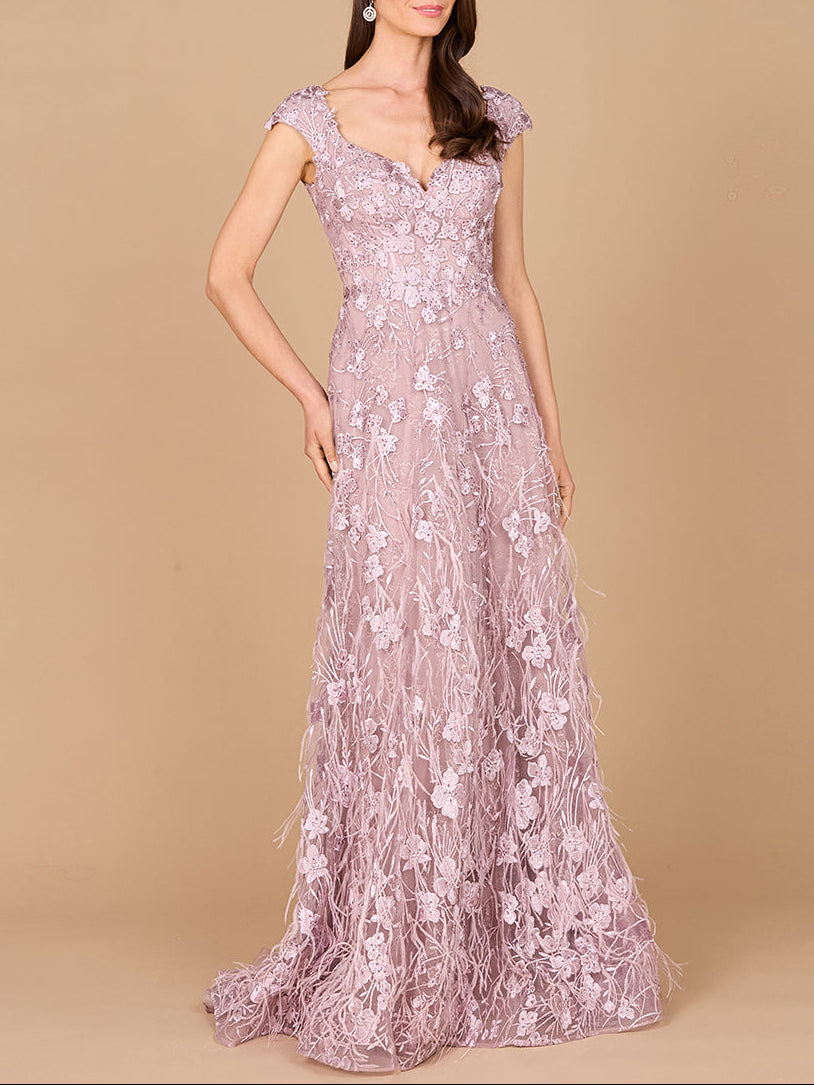 Cap Sleeves, A-line Dress with Feathers - JUSTLUXURY