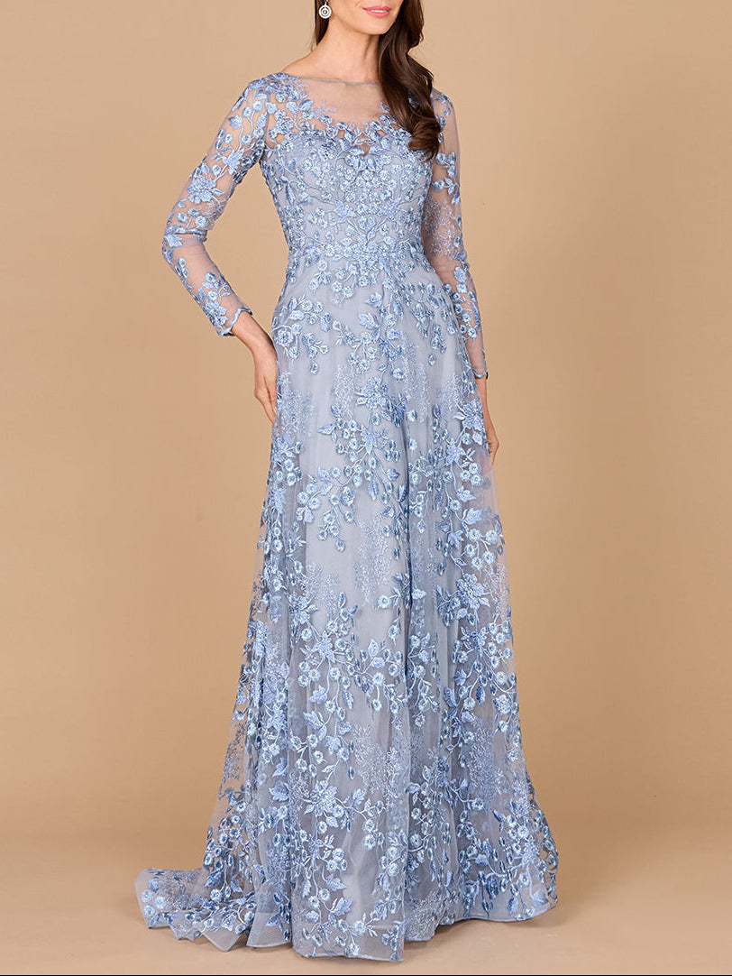 Illusion Neckline, Long Sleeves Gown - JUSTLUXURY