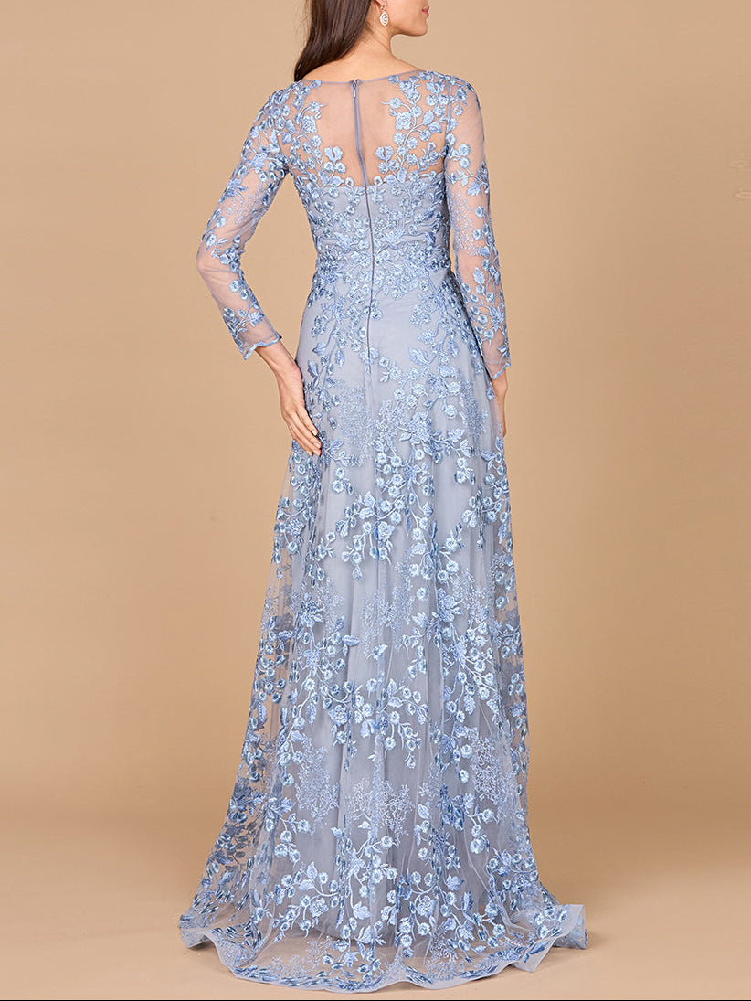 Illusion Neckline, Long Sleeves Gown - JUSTLUXURY