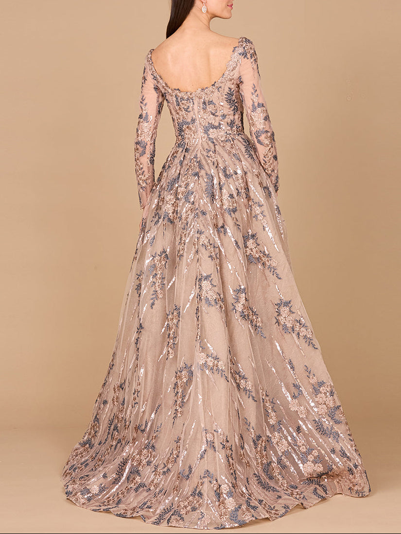 Long Sleeve Scoop Neck Lace Gown with Overskirt - JUSTLUXURY