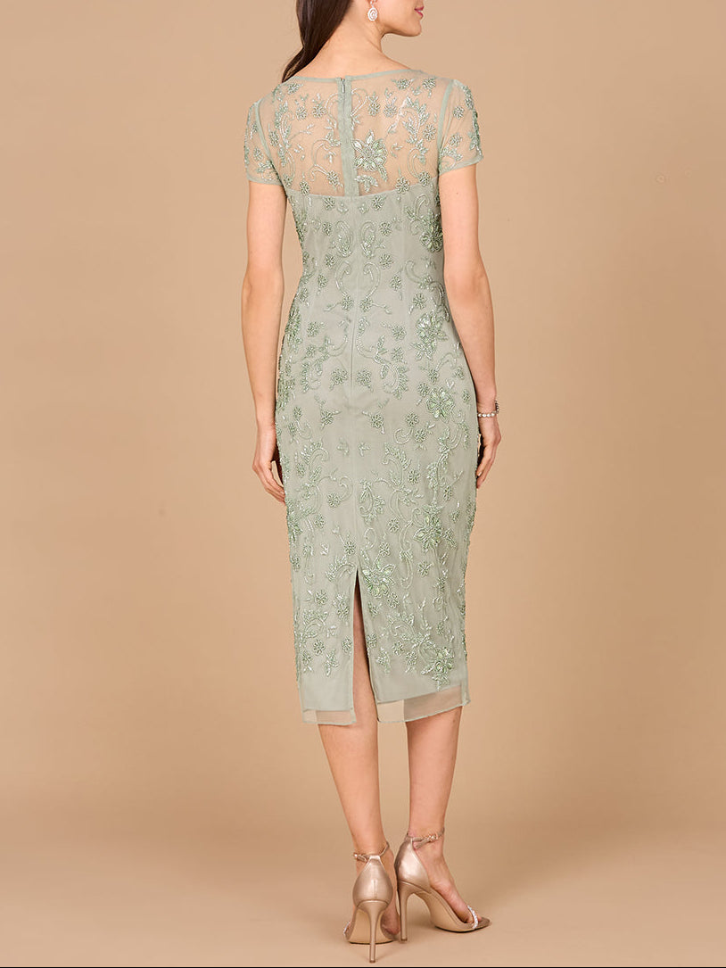 Beaded Midi Dress with Cap Sleeves - JUSTLUXURY