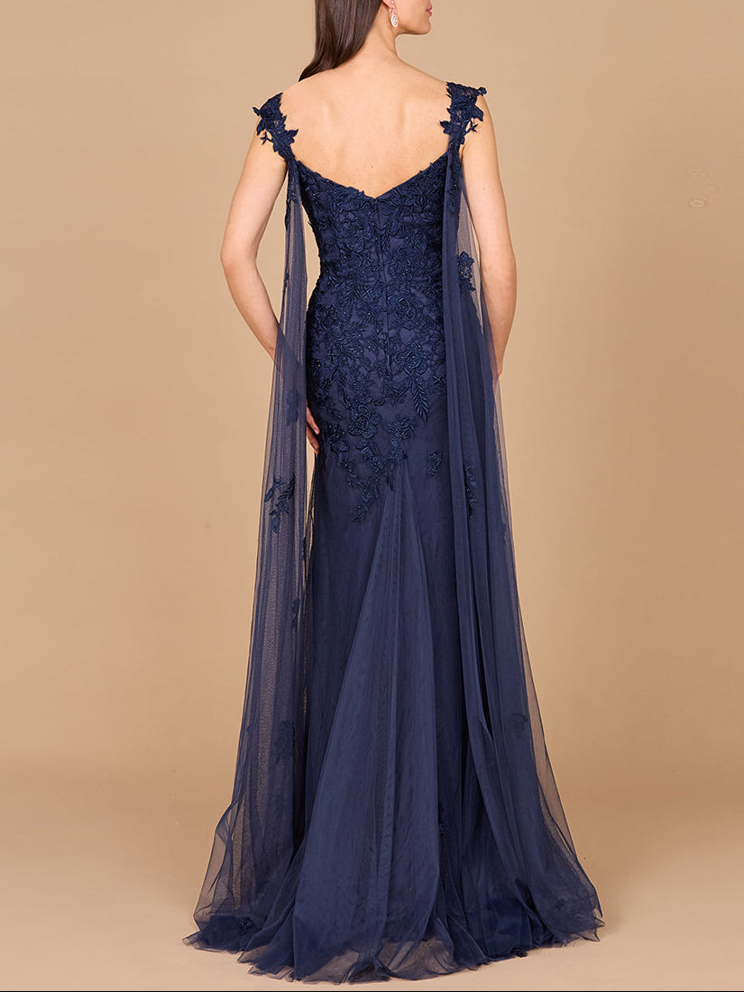 Embroidered Lace Gown with Flowing Capes - JUSTLUXURY