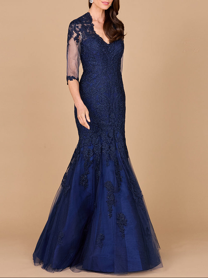 Long Sleeve, Mermaid Lace Gown - JUSTLUXURY