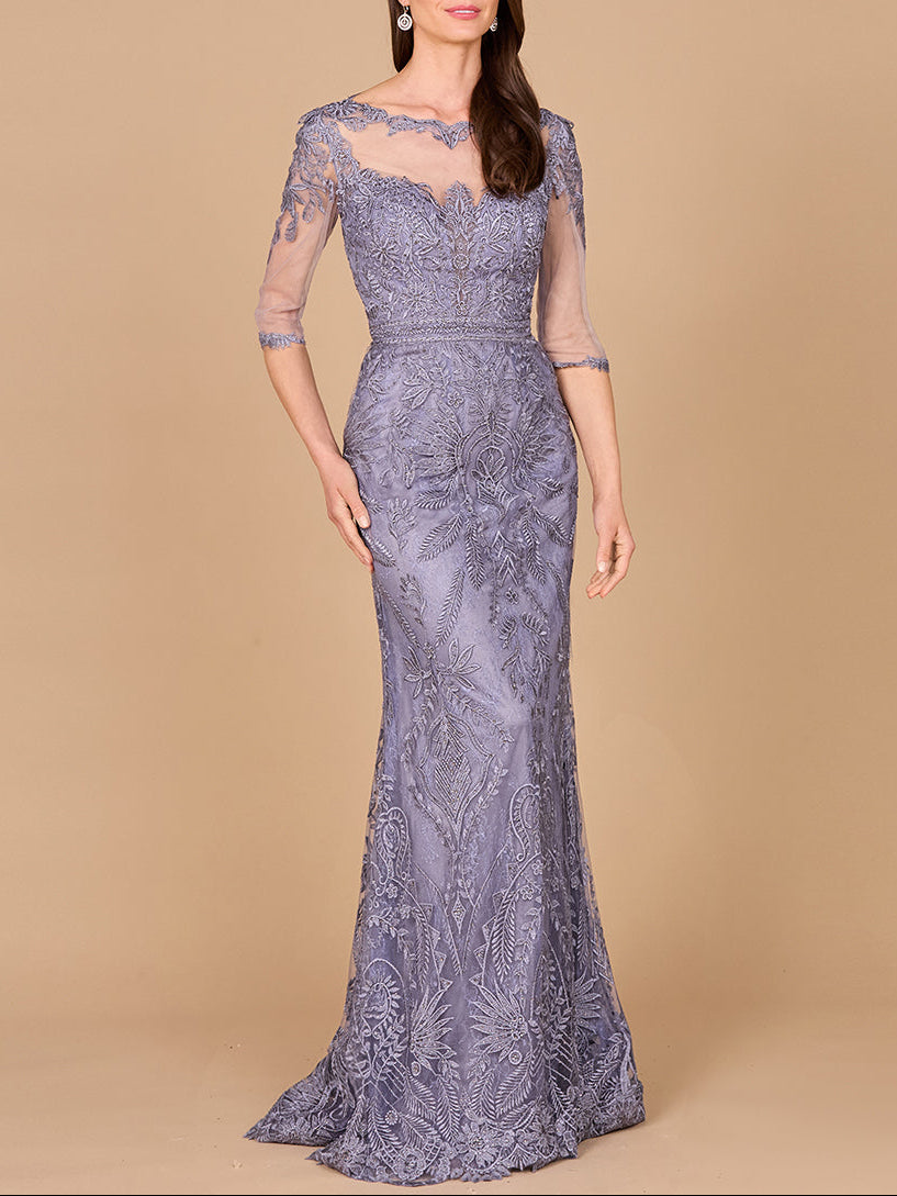 Detachable Half Sleeve Lace Sheath Gown - JUSTLUXURY
