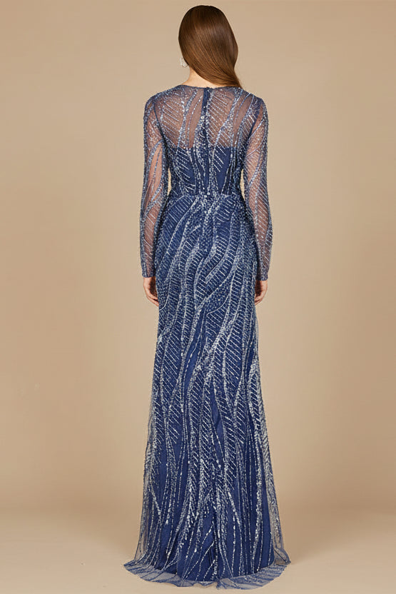 Long Sleeve Sheath Gown with Silver Beads - JUSTLUXURY
