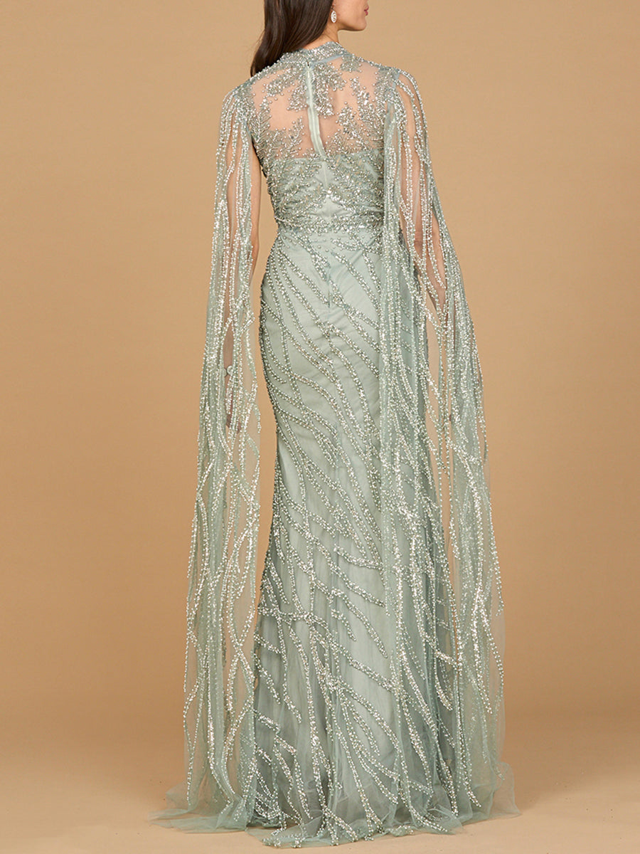High Neck Gown with Long Cape Sleeves - JUSTLUXURY