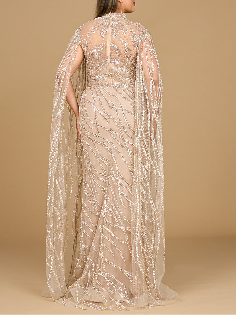 High Neck Gown with Long Cape Sleeves - JUSTLUXURY