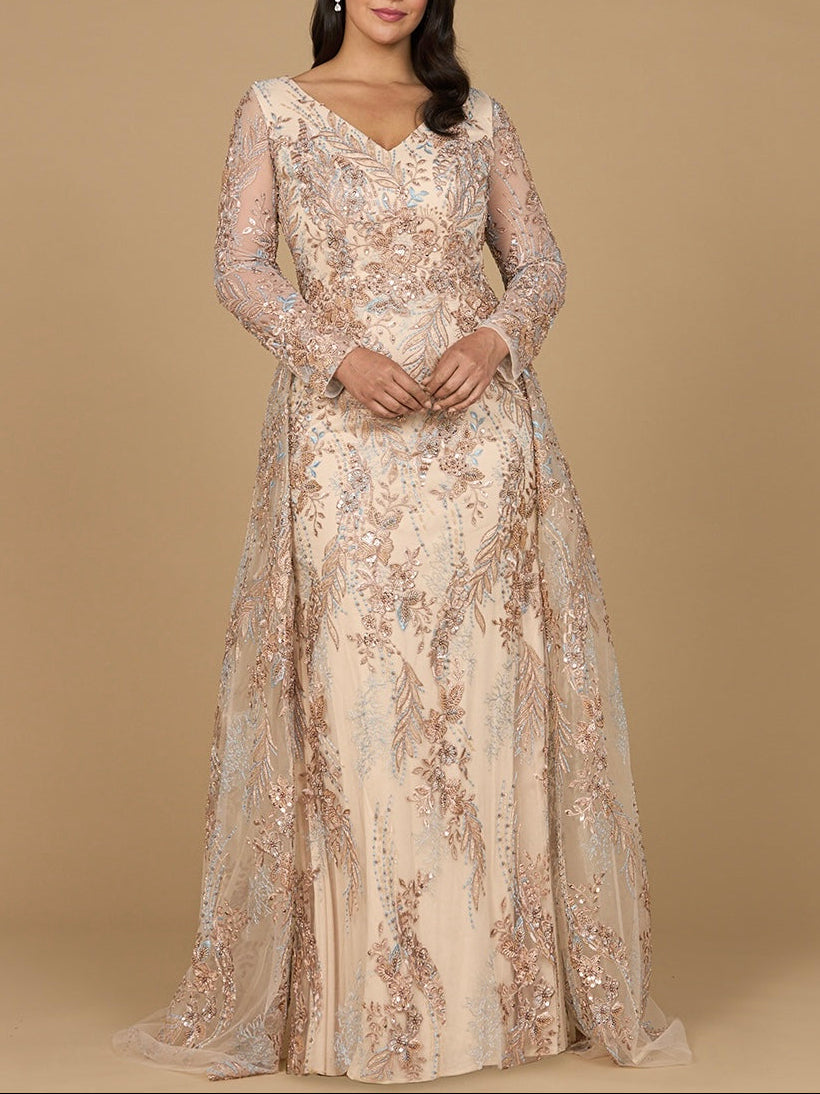 Lace Long Sleeve Gown with Overskirt - JUSTLUXURY