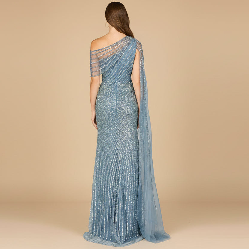 One Shoulder Fitted Gown with Cape Sleeve | Lara 29051 - JUSTLUXURY