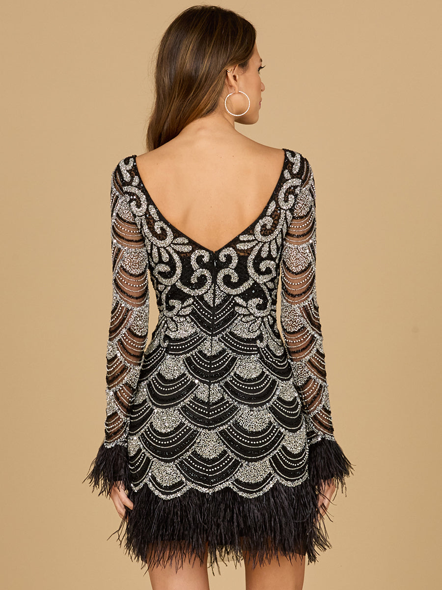 Beaded Short Dress with Feathers and Sleeves - JUSTLUXURY