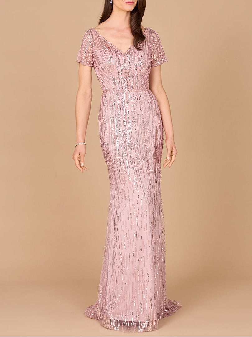 Short Sleeve, Beaded Mermaid Gown - JUSTLUXURY