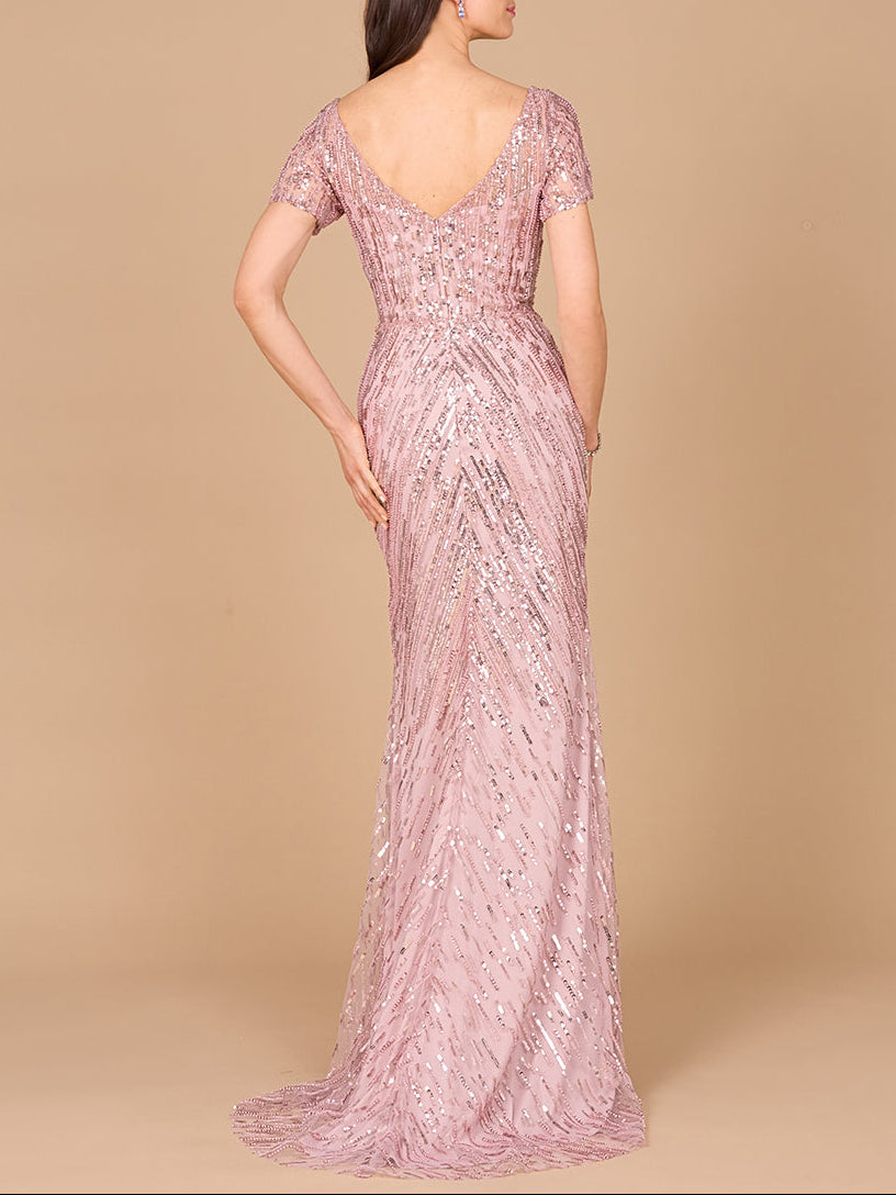 Short Sleeve, Beaded Mermaid Gown - JUSTLUXURY