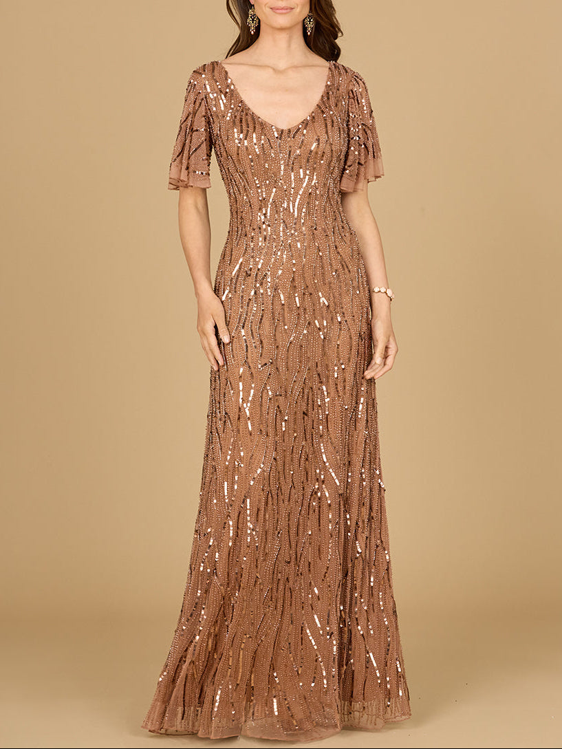 Beaded Gown With Cape Sleeves - JUSTLUXURY