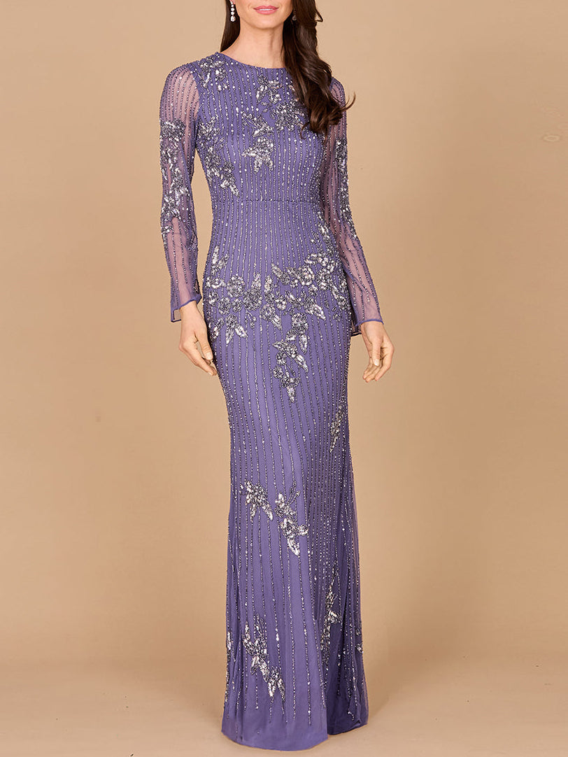 Long Sleeve, High Neck Beaded Gown - OUTLET - JUSTLUXURY