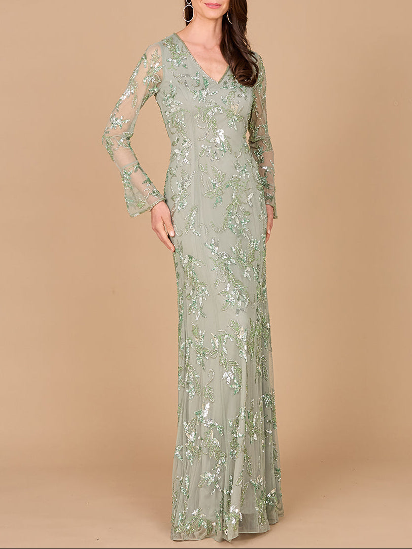 Beaded Dress with Sheer Long Sleeves - JUSTLUXURY