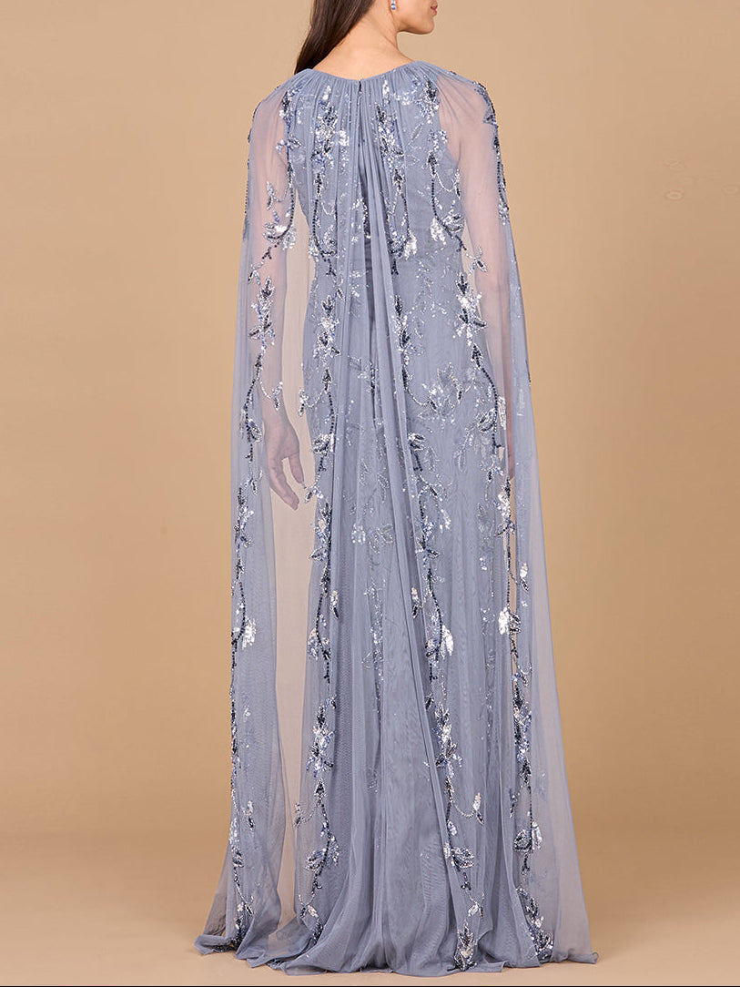 Mermaid Beaded Dress with Long Cape - OUTLET - JUSTLUXURY