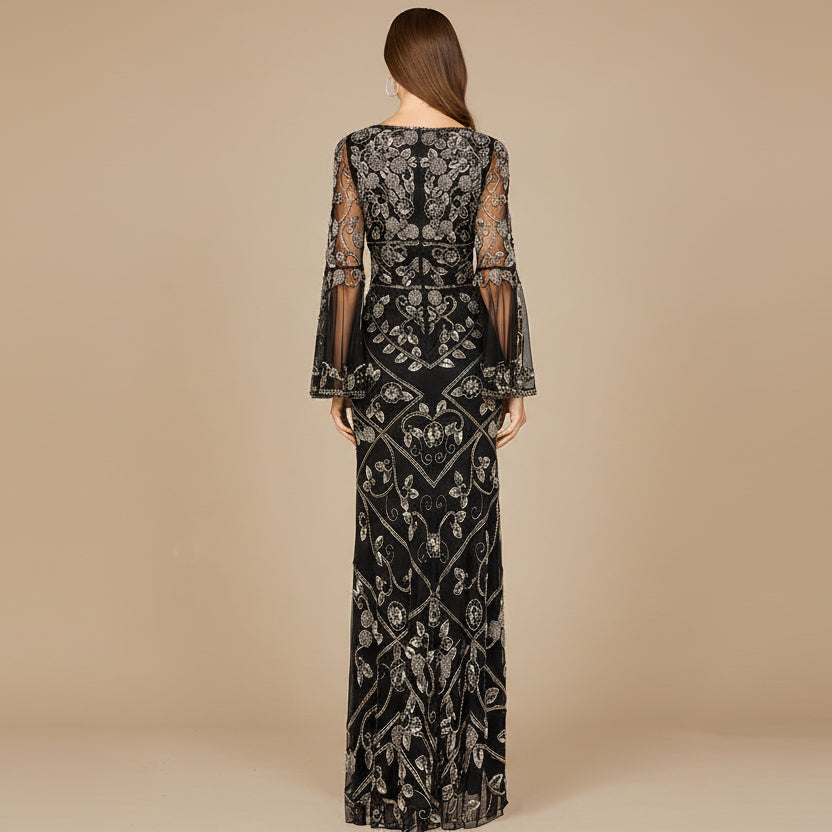 Bell Sleeved High Neck Beaded Gown - JUSTLUXURY