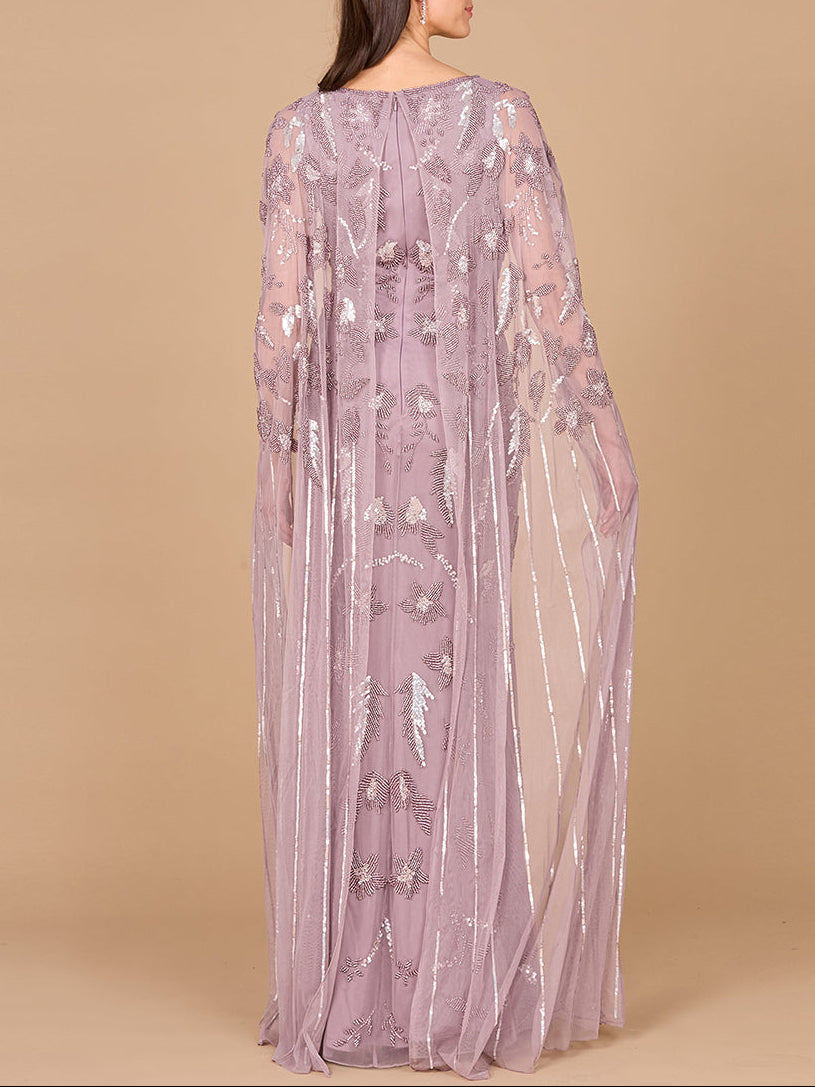 Beaded Sheath Dress with Long Cape - JUSTLUXURY