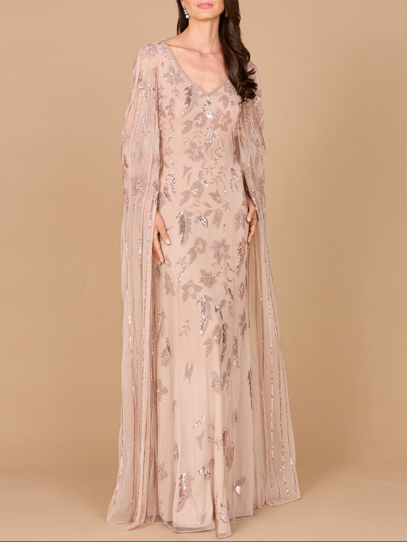 Beaded Sheath Dress with Long Cape - JUSTLUXURY