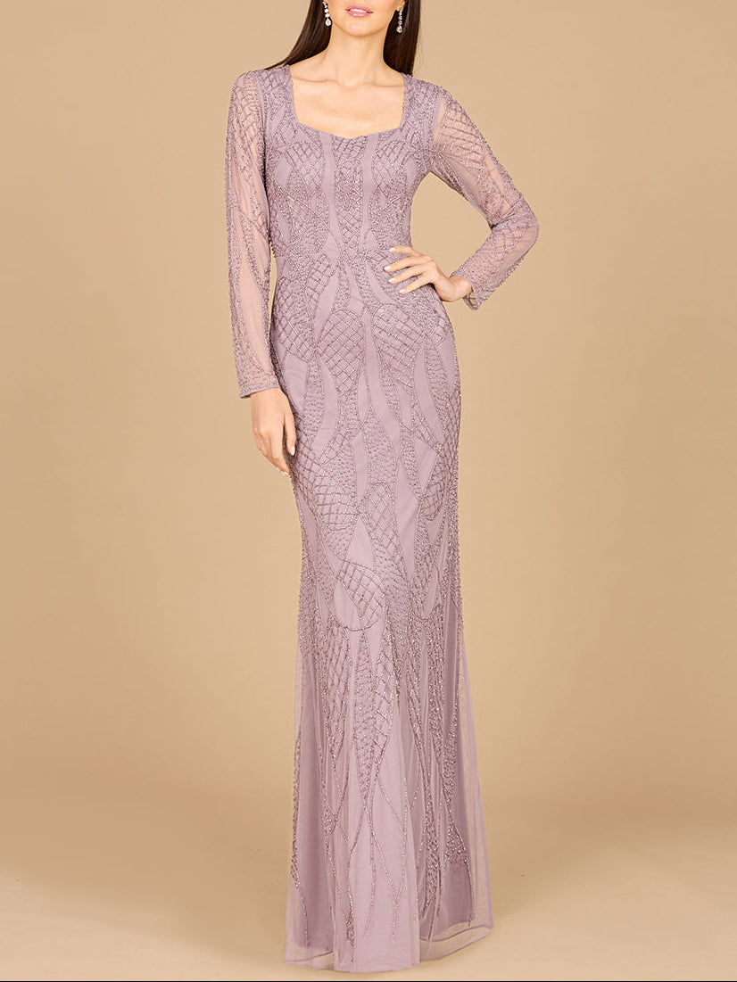 V Neck Beaded Long Sleeve Dress - JUSTLUXURY