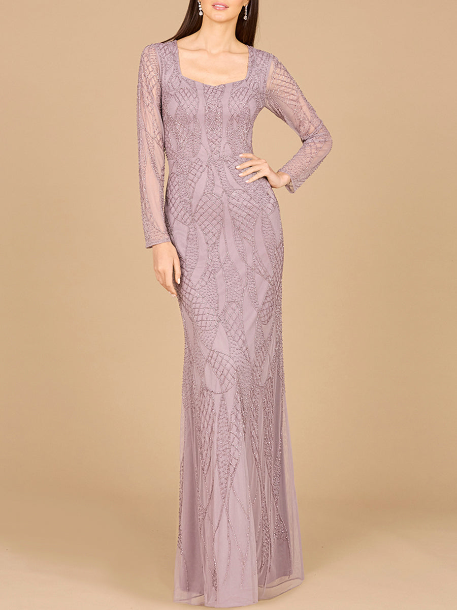 V Neck Beaded Long Sleeve Dress - JUSTLUXURY