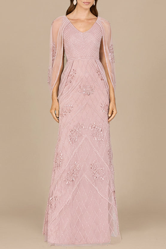 Beaded Cape Sleeve Dress - JUSTLUXURY