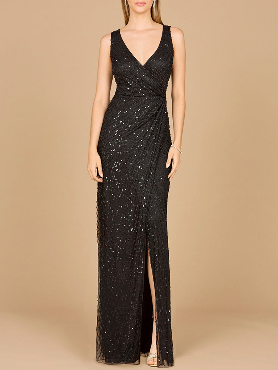 Beaded Black Gown with Slit - JUSTLUXURY