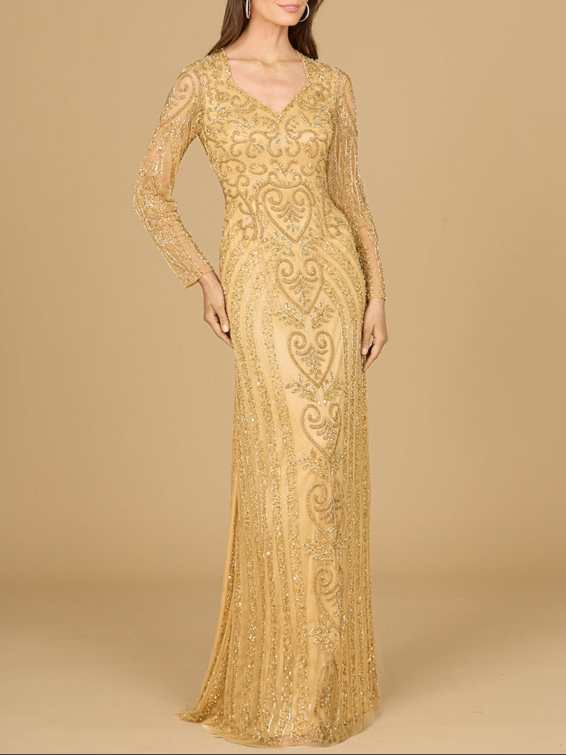 V Neck Beaded Long Sleeve Dress - JUSTLUXURY